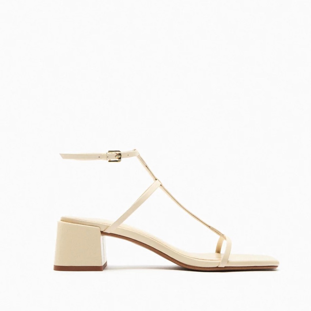 ZARA Leather Strappy Block Heel Sandal Cream 11 NWT